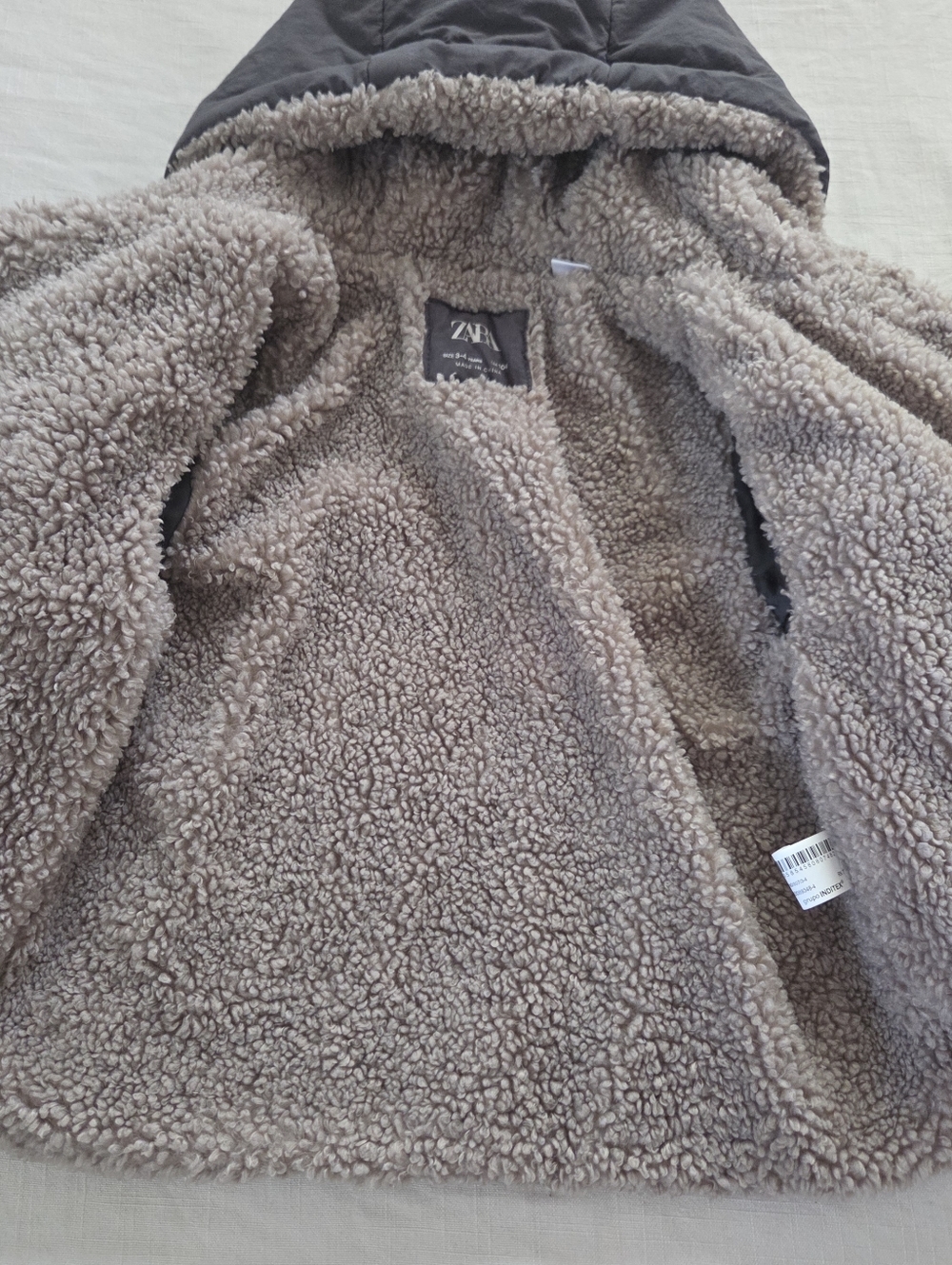 Zara Kids Gray Hooded Sherpa-Lined Coat Jacket 3t 4t Boys Girls Neutral - Picture 7 of 10
